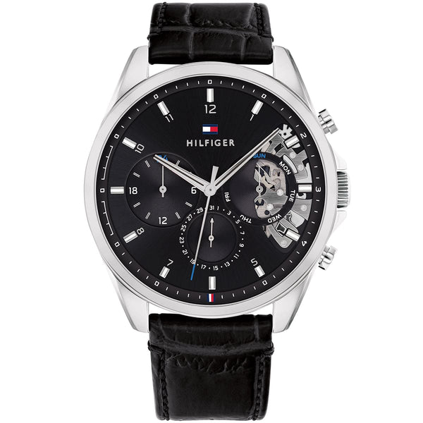 Tommy Hilfiger Black Leather Black Dial Day-Date Baker Men’s Watch 44 mm