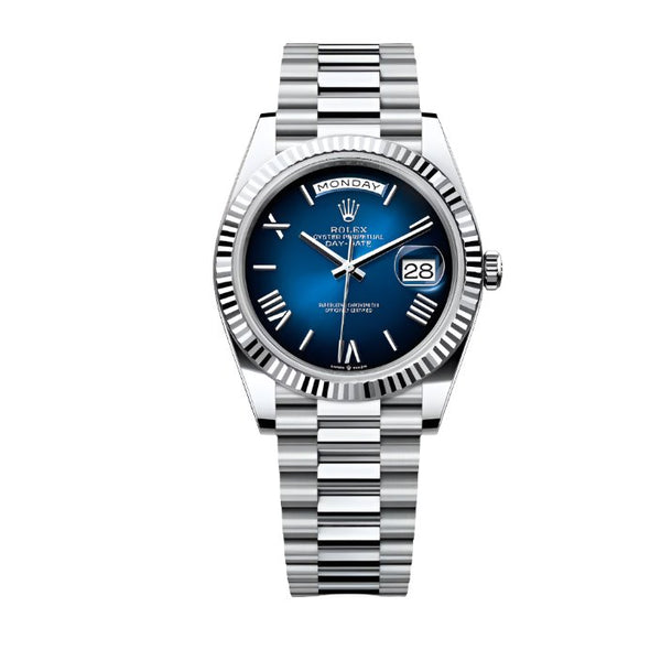 Rolex Day - Date 40mm Blue Ombré Roman Dial Fluted Bezel President Bracelet - 228236 - BEAUTY BAR